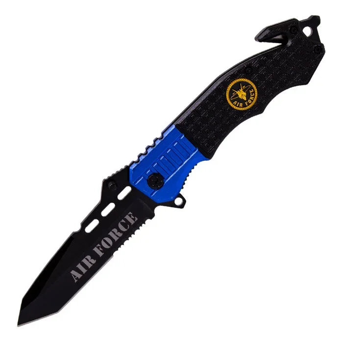 8″ Black Foldable Pocket Knife w/ Engraved Geometrical Shapes