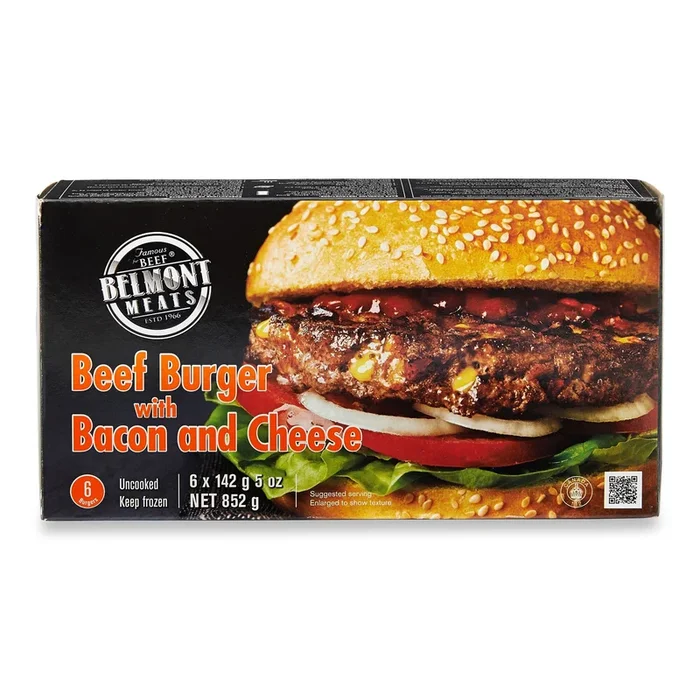 Belmont Meats Cheese & Bacon Homestyle Beef Burgers, 6-Pack, 142-g