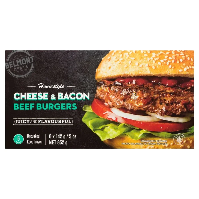 Belmont Meats Cheese and Bacon Homestyle Beef Burgers – 852g