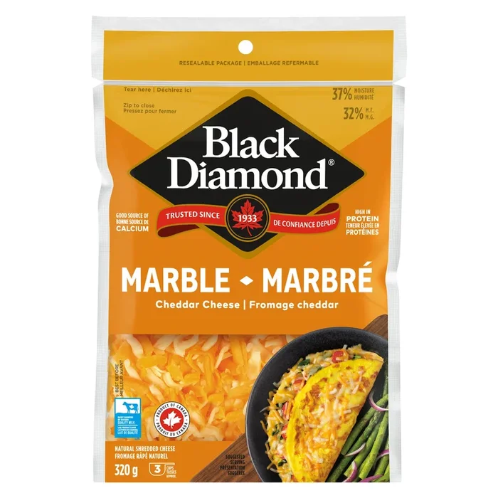 Black Diamond Natural Shredded Cheese Marble Cheddar Cheese 32% M.F., 320 g