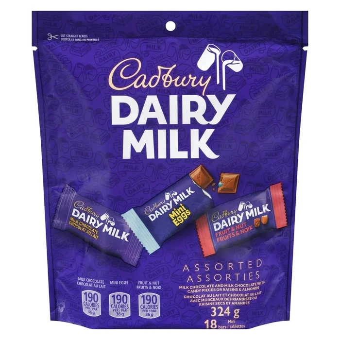 Cadbury Dairy Milk Chocolate and Milk Chocolate with Candy Pieces or Raisins & Almonds, 18-Pack, 324 g