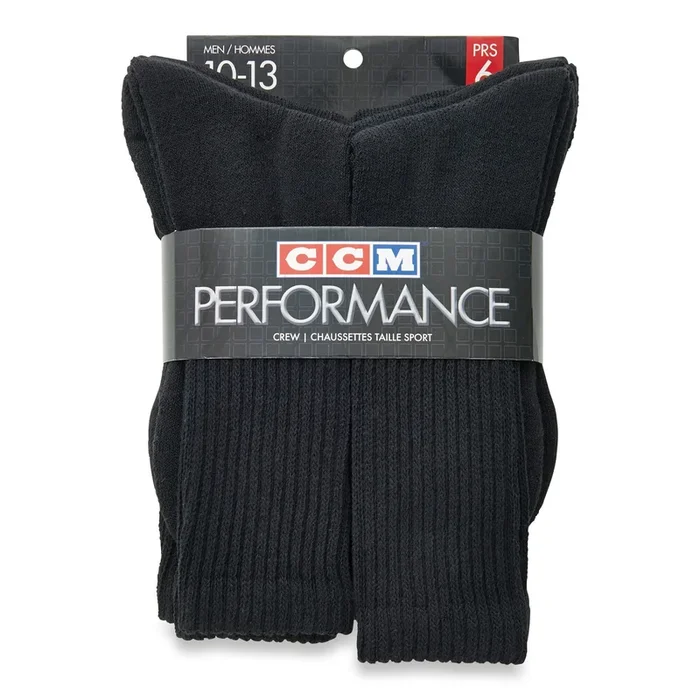 CCM Men’s Sport Crew Socks, 10 to 13, Black, 6-Pack