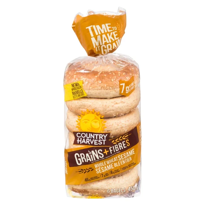 Country Harvest Grains+Fibres Whole Wheat Sesame Bagels, 6-Pack, 450-g
