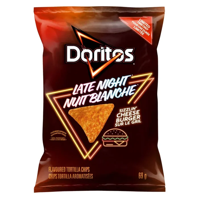 Doritos Late Night Flavoured Tortilla Chips Sizzlin’ Cheeseburger Limited Time Only, 69-g
