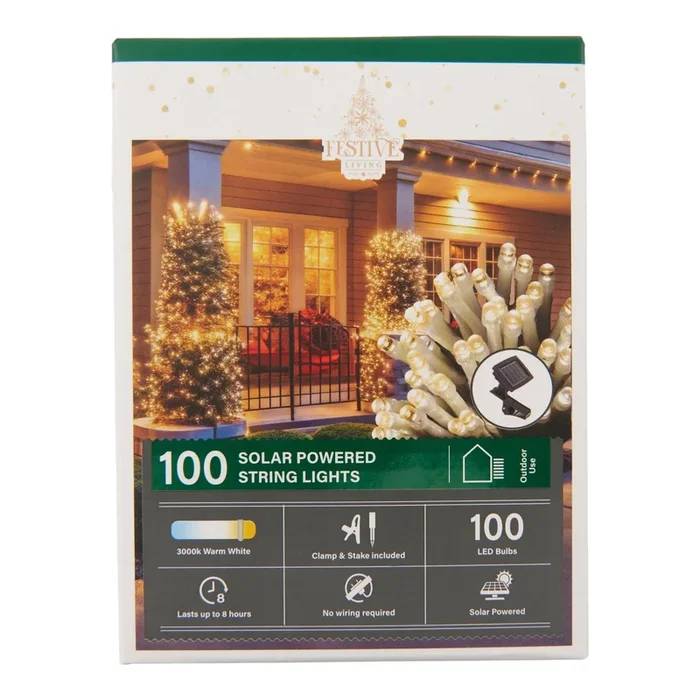 Festive Living 100 Solar Powered String Lights, 12-m.