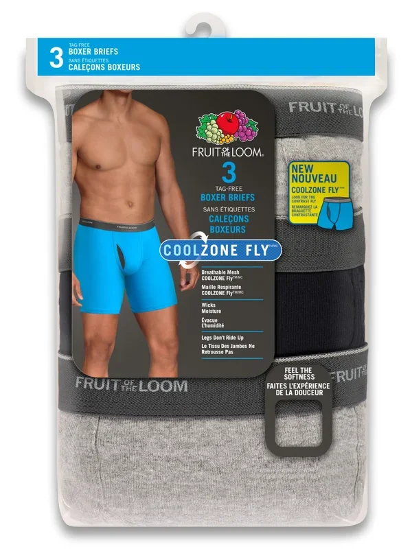 Fruit of the Loom Men’s CoolZone Fly Cotton Boxer Briefs, 3XL, Black and Grey