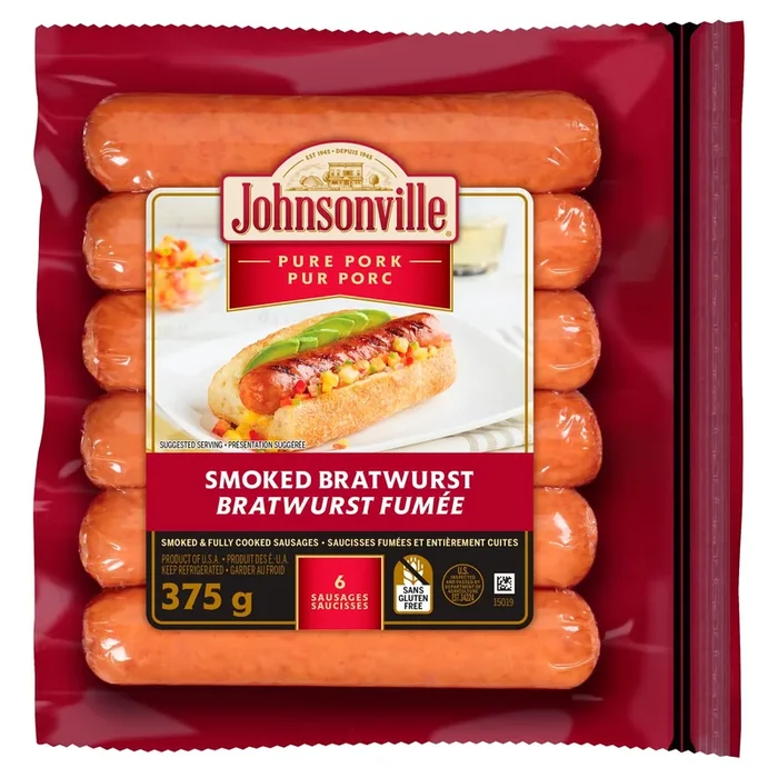 Johnsonville Pure Pork Smoked Bratwurst Sausages 6pk. – 375g