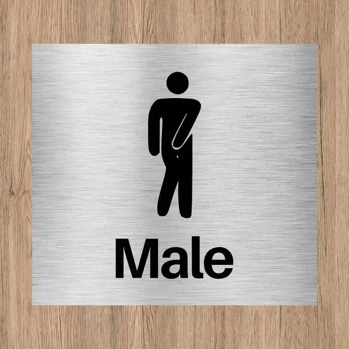 Male Toilet Comic Sign Silver Sq
