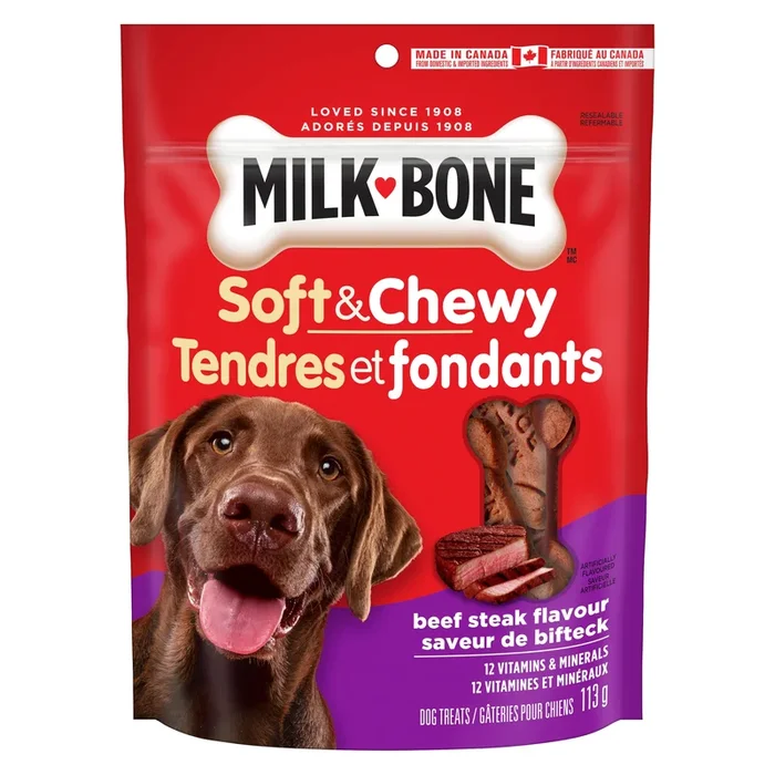 Milk-Bone Soft and Chewy Beef Steak Dog Treats with 12 Vitamins and Minerals, 113-g