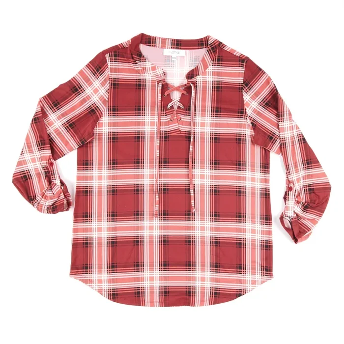 mySTYLE Women’s Eyelet Plaid Top