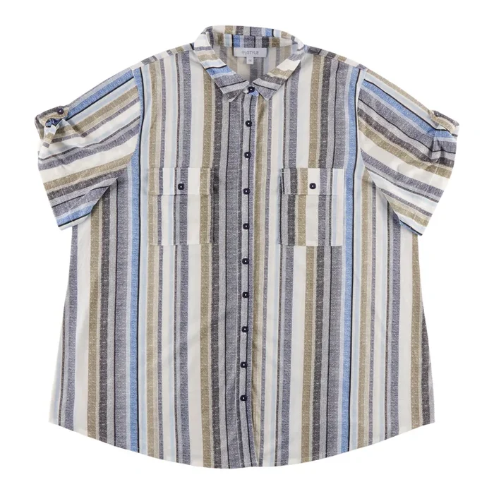 mySTYLE Women’s Plus Plaid Button-Up Cap Sleeve Shirt