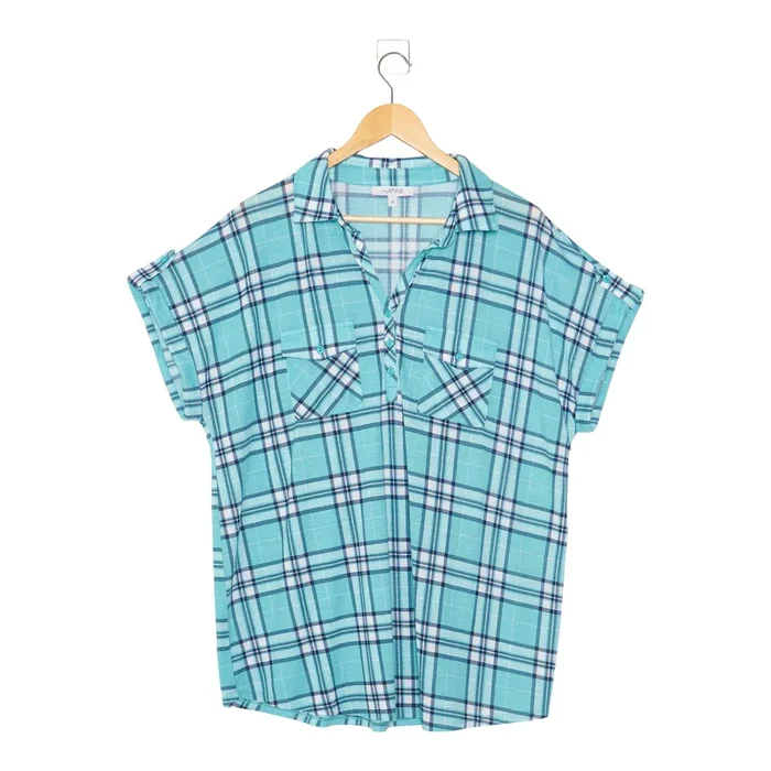 mySTYLE Women’s Plus Seaside Printed Plaid Top