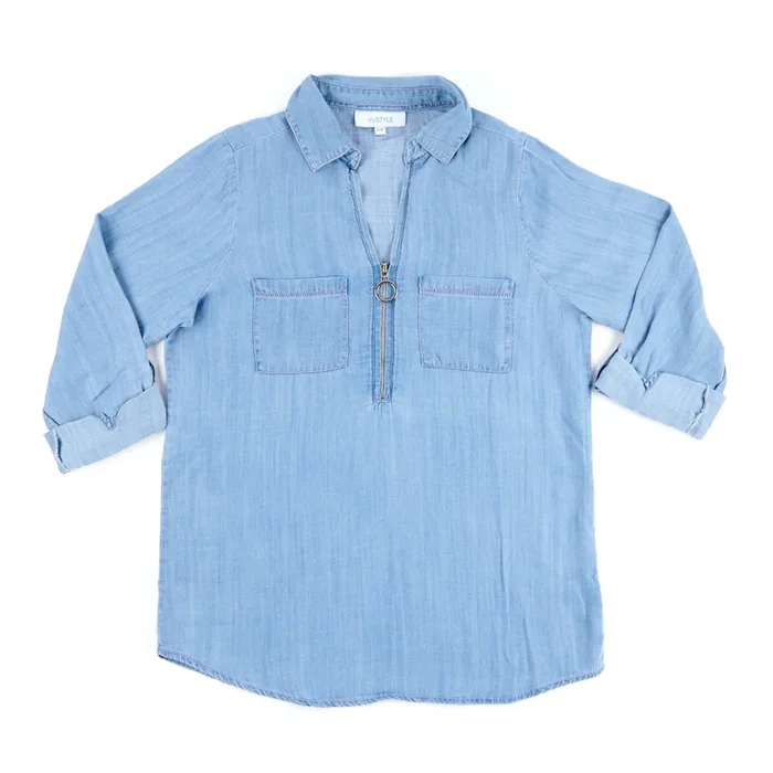 mySTYLE Women’s Street Smart Short Sleeve Zip Front Lyocell Shirt