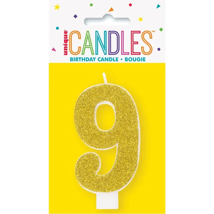 Number 9 Glitter Candle, Gold