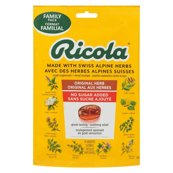 Ricola Cough Suppressant Throat Lozenges Original Herb No Sugar Added Family Pack, 45 Wrapped Lozenges