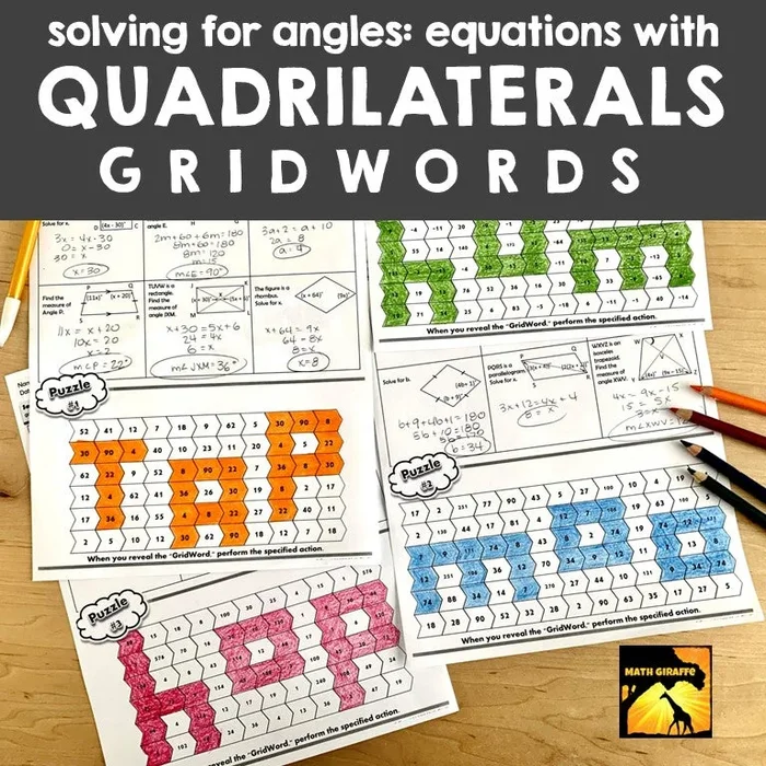 Solving Equations w. Quadrilateral Properties | Finding Missing Angles GRIDWORDS Puzzles