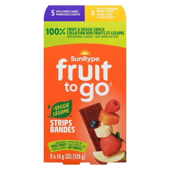 SunRype Fruit to Go + Veggie Berry Mania Strawberry Banana Bars, 9-Pack, 14 g