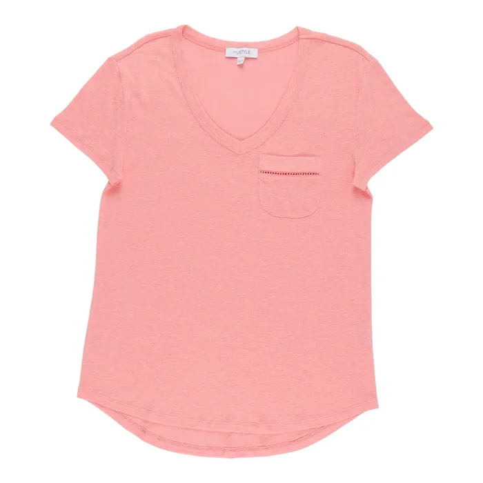 T-shirt en lin de couleur unie avec poche Festival mySTYLE pour femmes