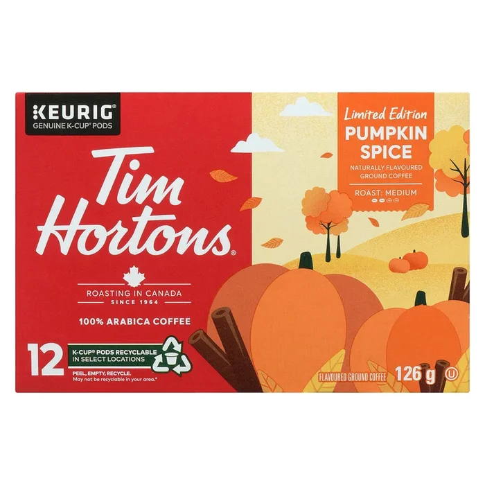 Tim Hortons Flavoured Ground Coffee Pumpkin Spice, Medium Roast, 12 K-Cup Pods, 126 g