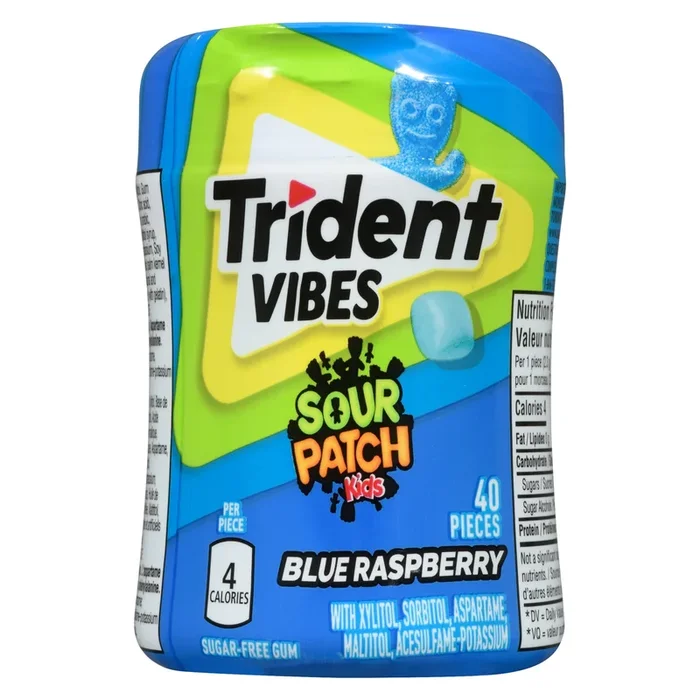 Trident Vibes Sour Patch Kids Gomme Sans Sucre Framboise Bleue, 40 Morceaux