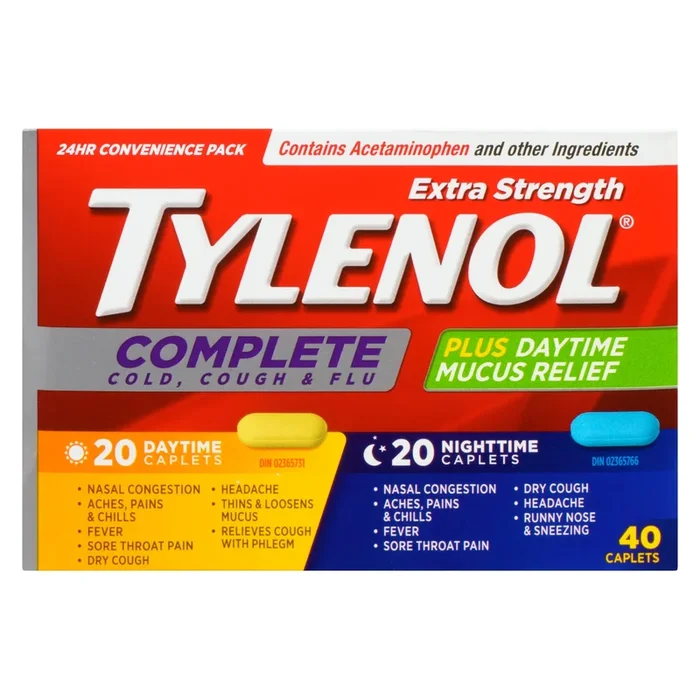 Tylenol Complet Rhume, Toux et Grippe Extra Fort Duo Pratique 24 Heures Caplets, Emballage de 40