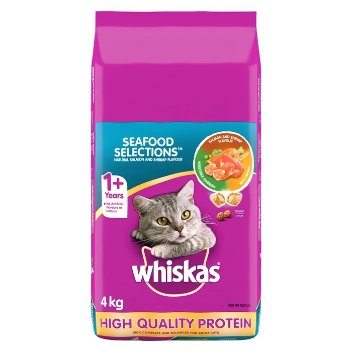 Whiskas Seafood Selections Natural Salmon and Shrimp Flavour Food for Adult Cats, 4-kg